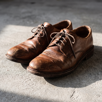 Worn leather shoes on a concrete floor