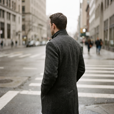 A person in a wool overcoat waiting at a city crossing