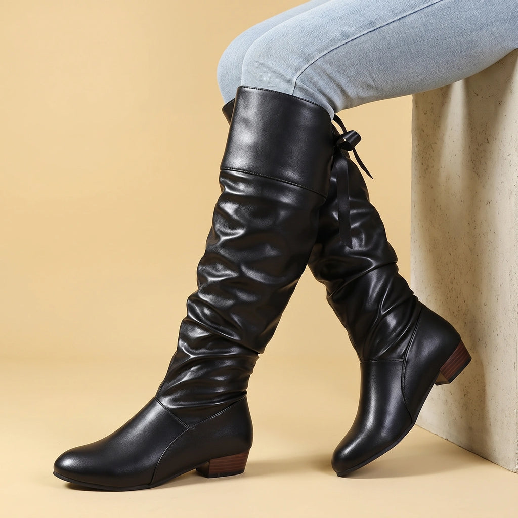 Alana Smooth Leather Slouch Knee Boots - Black