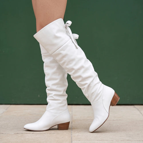 Alana Smooth Leather Slouch Knee Boots - White