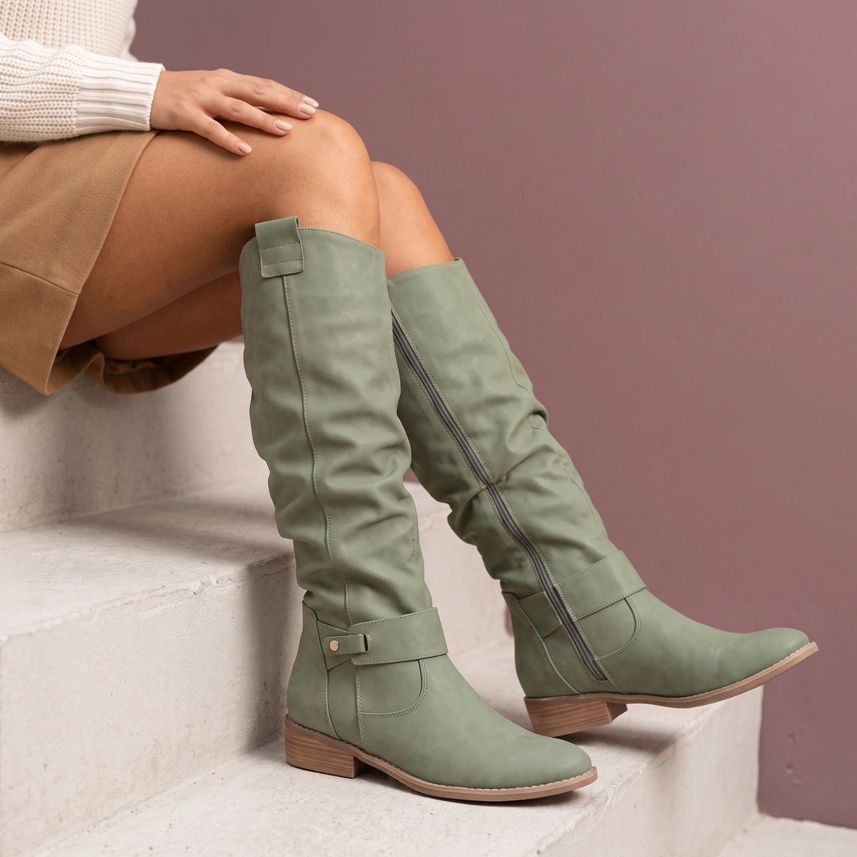 Alison Vegan Leather Knee Boots - Green