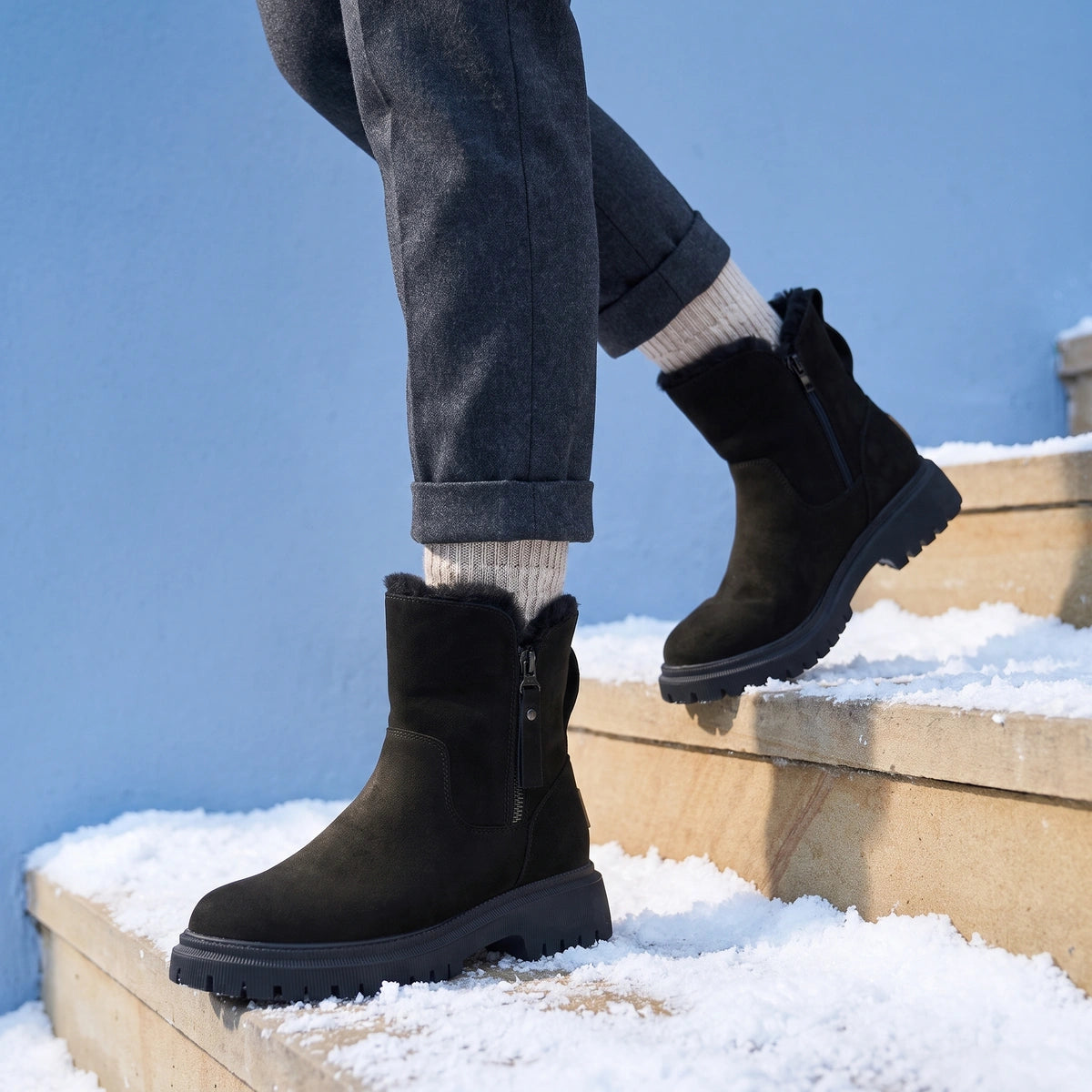 Amber Sherpa Lined Lug Sole Booties - Black