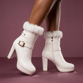Audrey Fur Trim Buckle Block Heel Booties - White