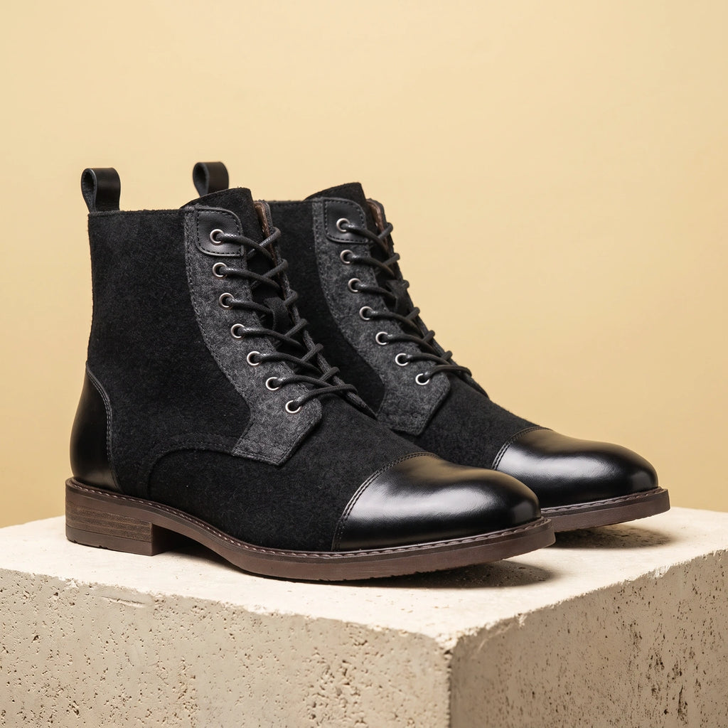 August Leather Wool Cap Toe Boots - Black