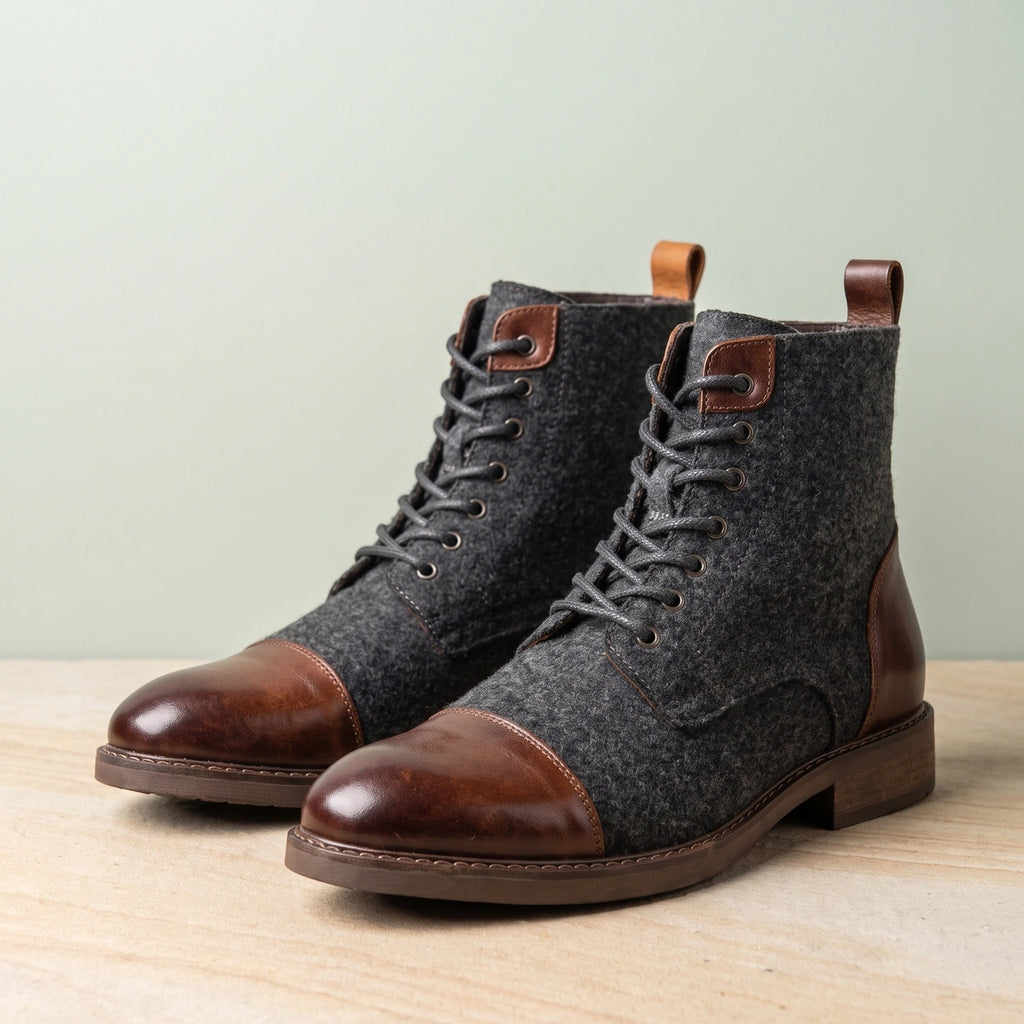 August Leather Wool Cap Toe Boots - Brown