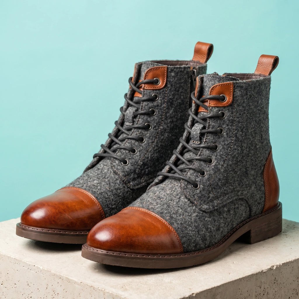 August Leather Wool Cap Toe Boots - Cognac