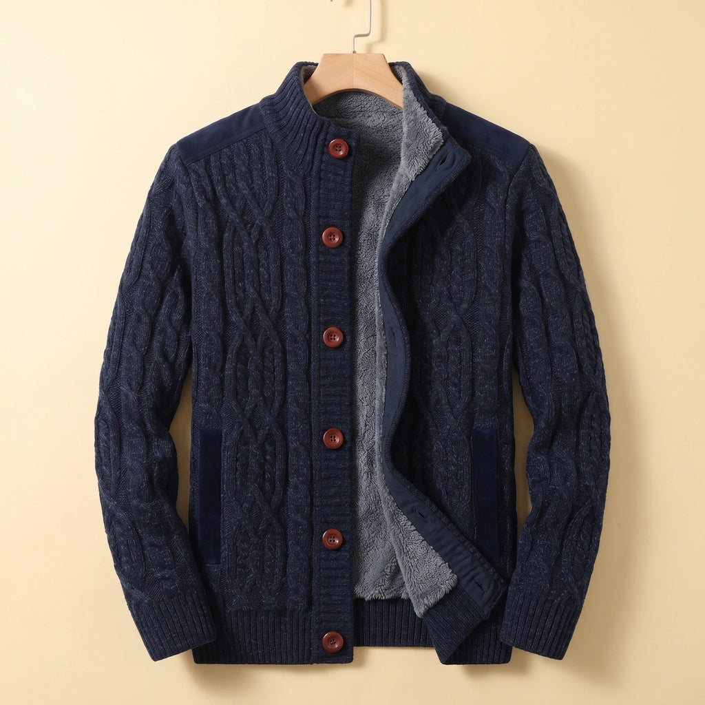 Bradley Cable Knit Fleece Lined Cardigan - Navy