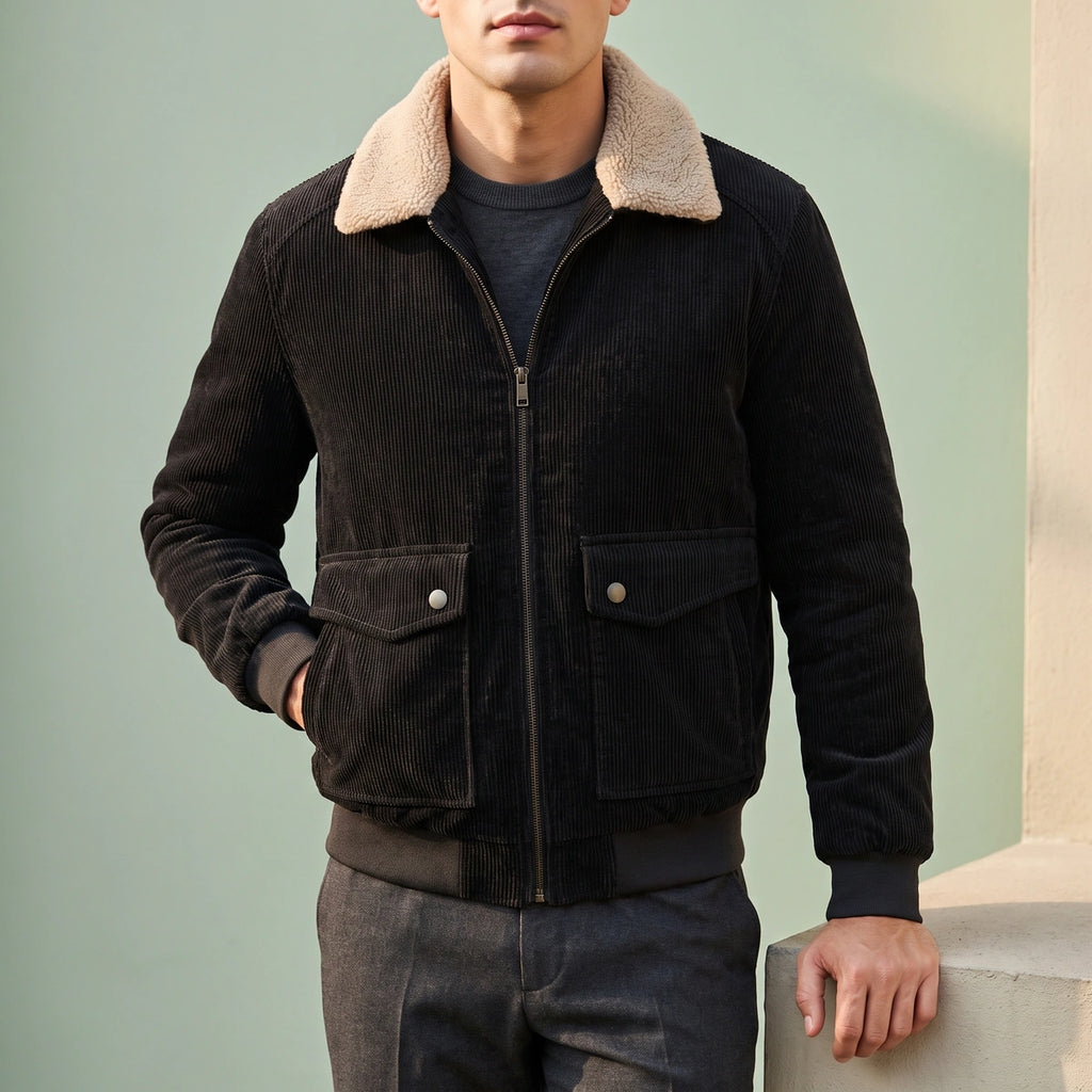 Brendan Fleece Lined Corduroy Zip Jacket - Black