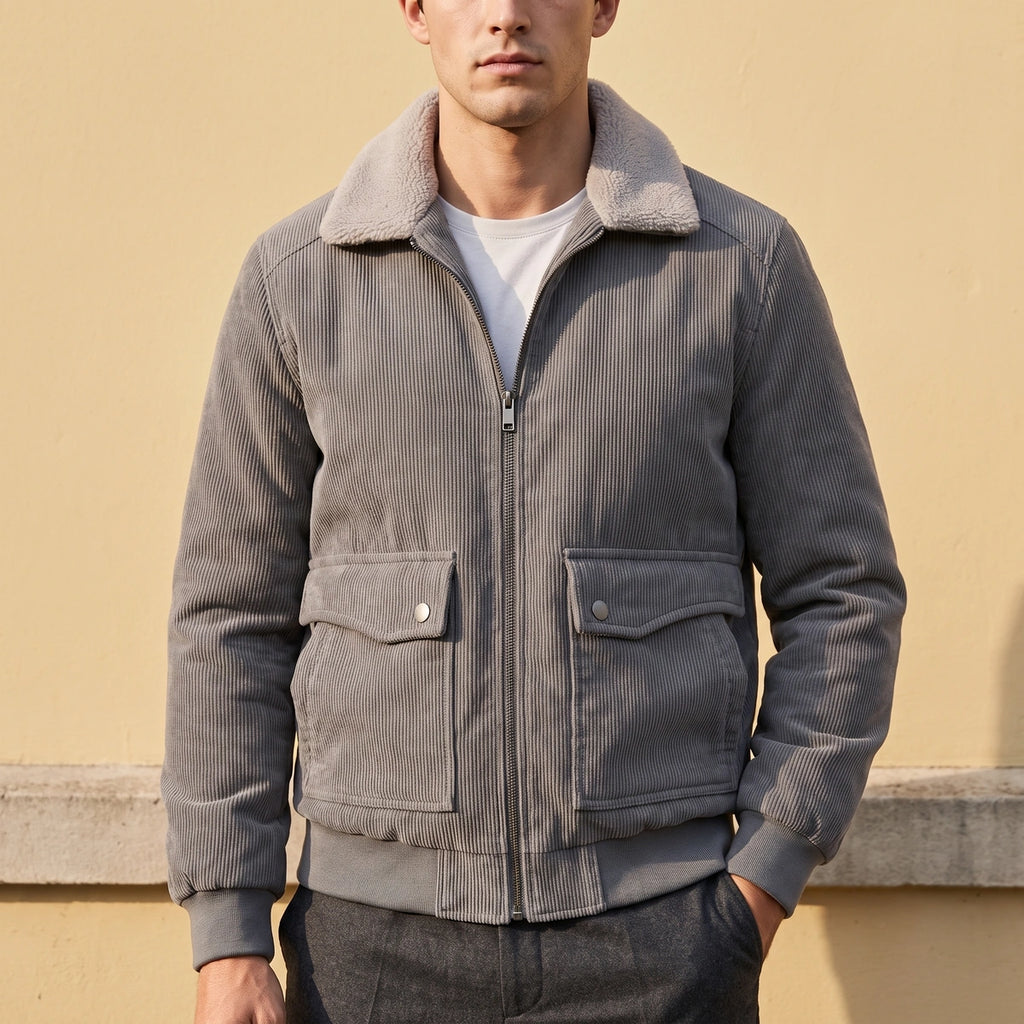 Brendan Fleece Lined Corduroy Zip Jacket - Gray