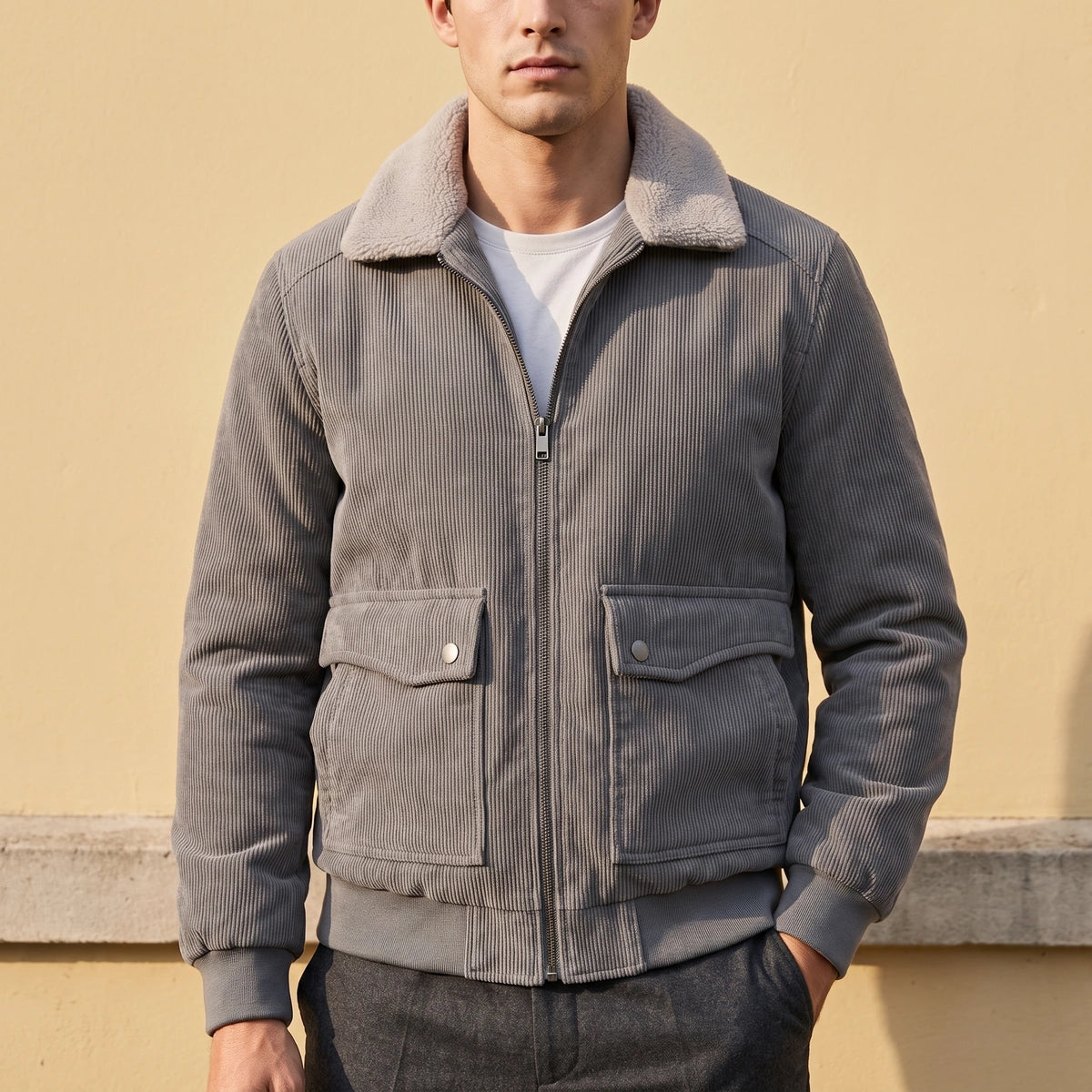 Brendan Fleece Lined Corduroy Zip Jacket - Gray