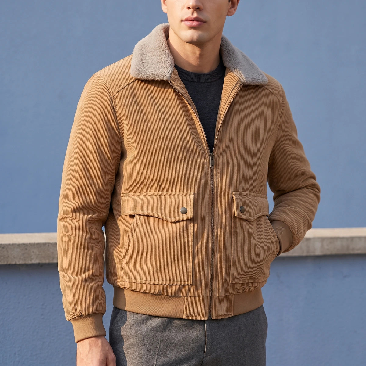 Brendan Fleece Lined Corduroy Zip Jacket - Khaki