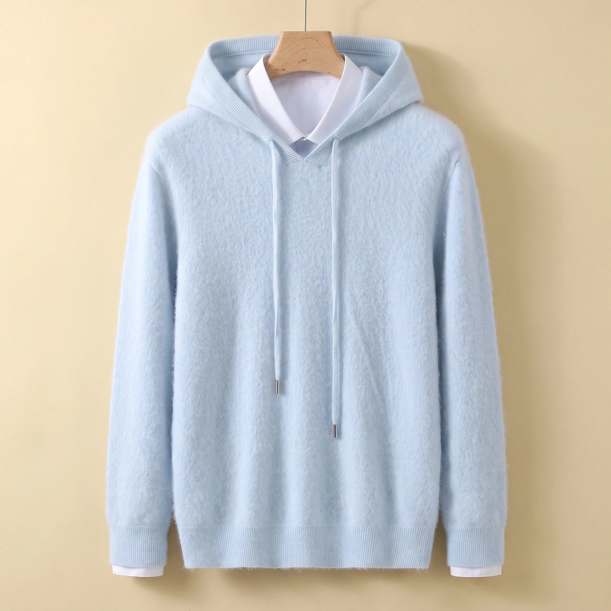 Calvin Cashmere V Neck Knit Hoodie - Blue