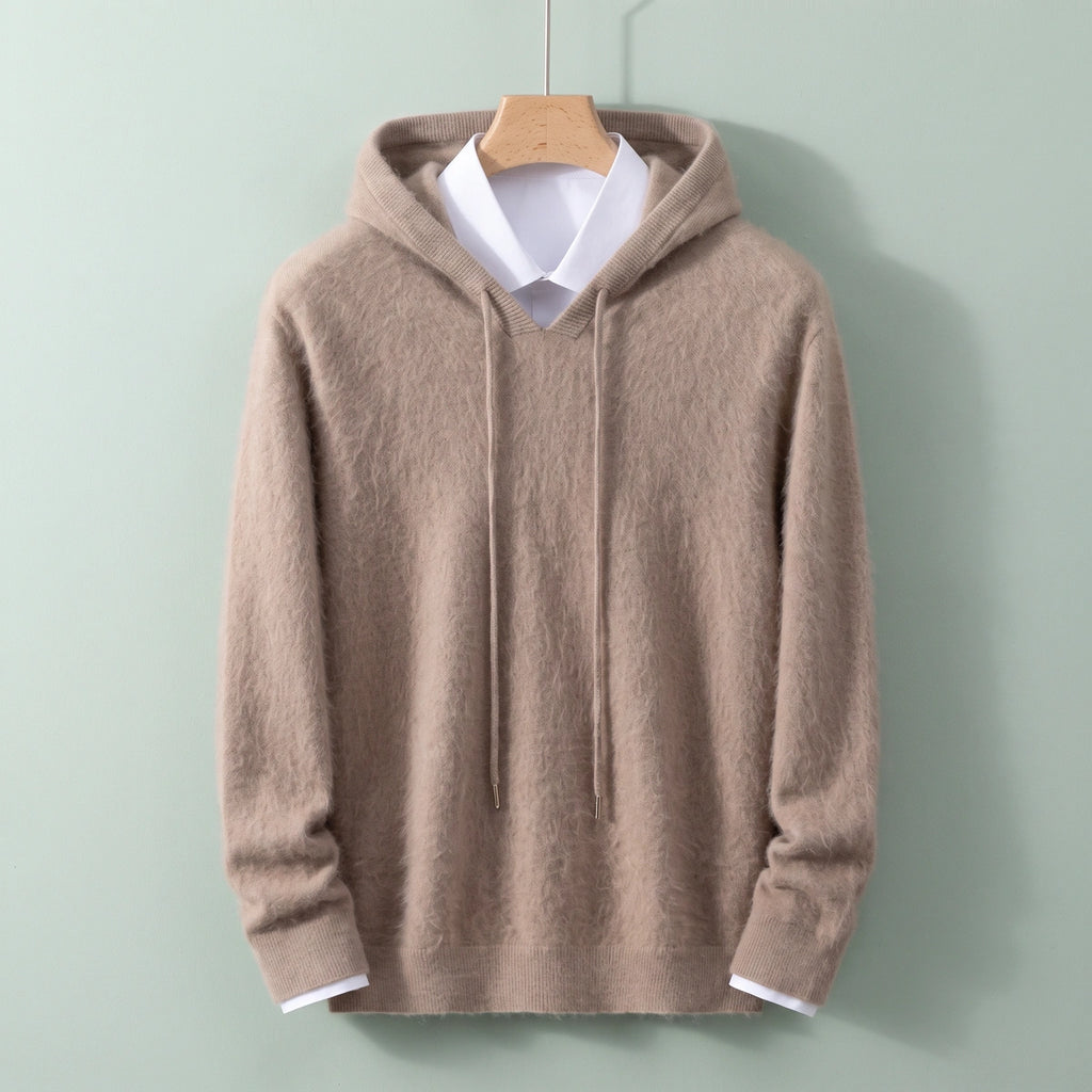 Calvin Cashmere V Neck Knit Hoodie - Brown