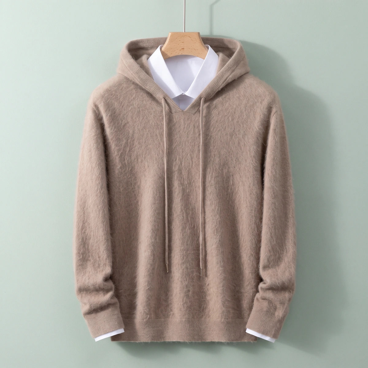 Calvin Cashmere V Neck Knit Hoodie - Brown