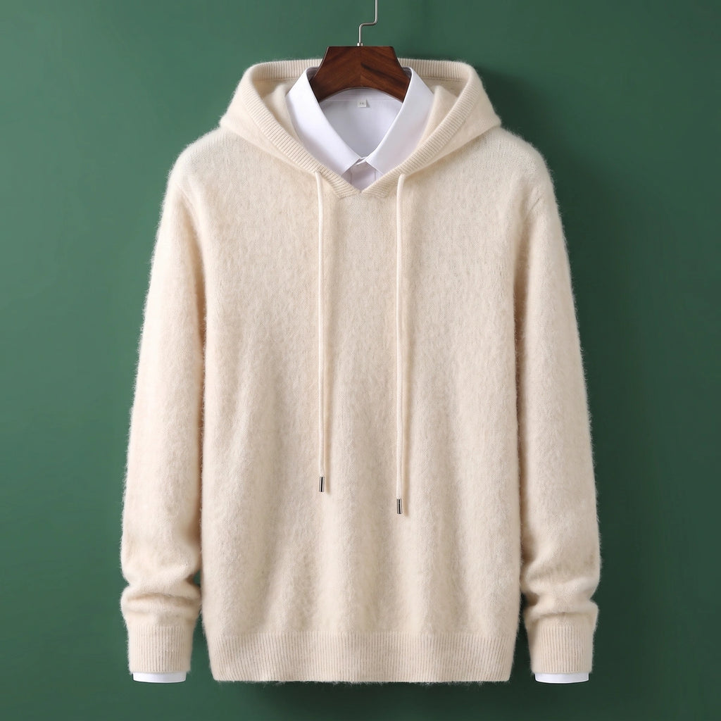 Calvin Cashmere V Neck Knit Hoodie - Cream