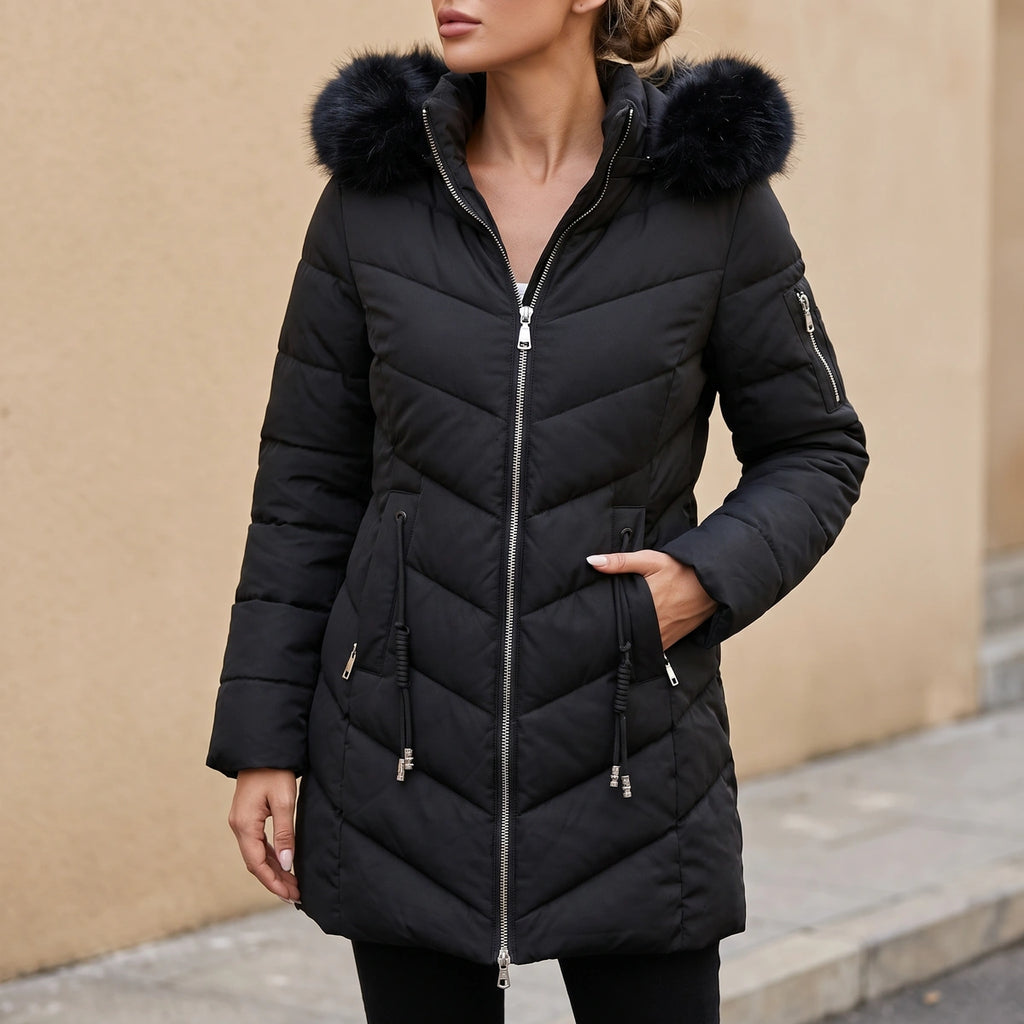 Cara Quilted Faux Fur Hood Puffer Coat - Black