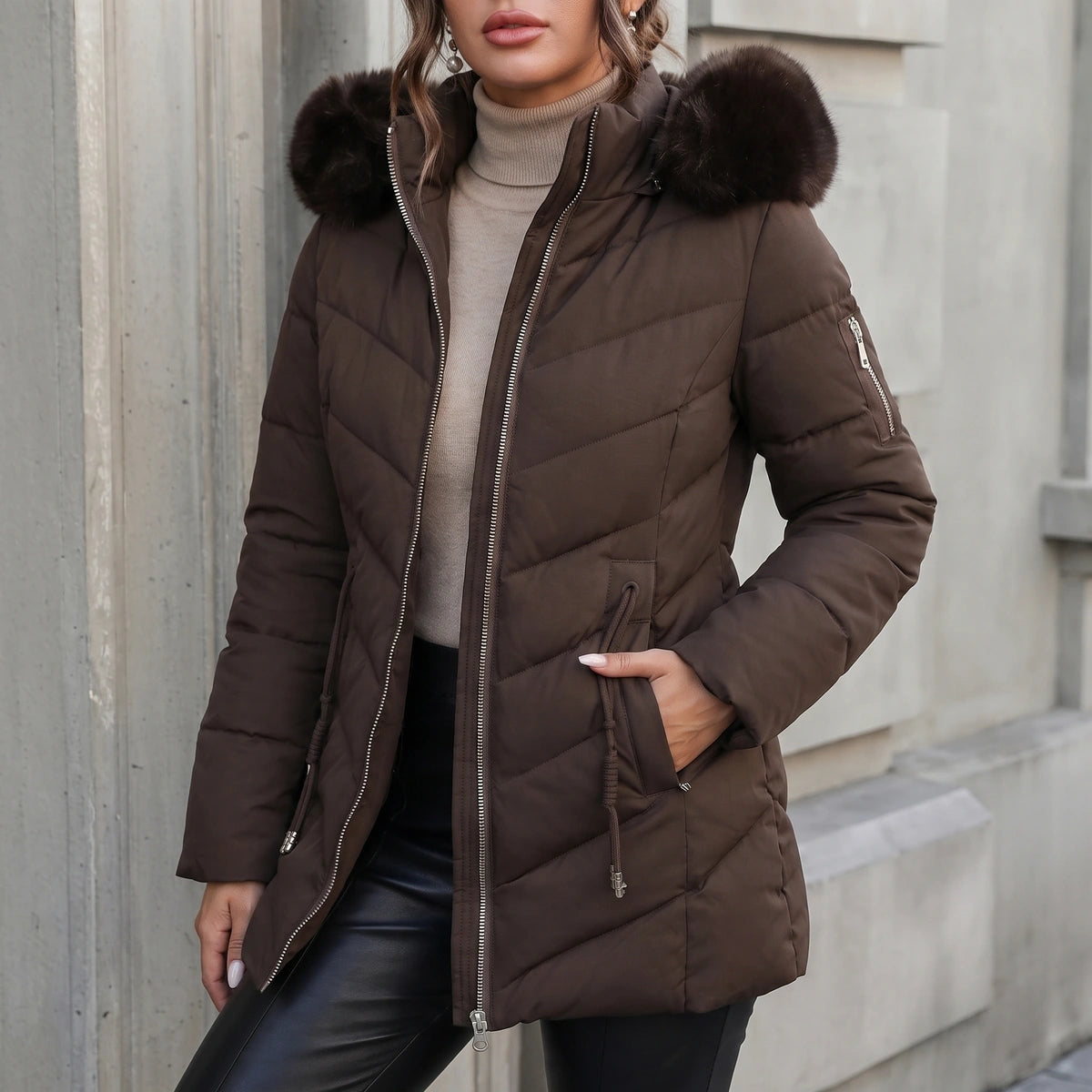 Cara Quilted Faux Fur Hood Puffer Coat - Brown