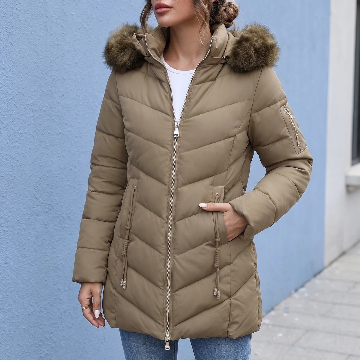 Cara Quilted Faux Fur Hood Puffer Coat - Khaki