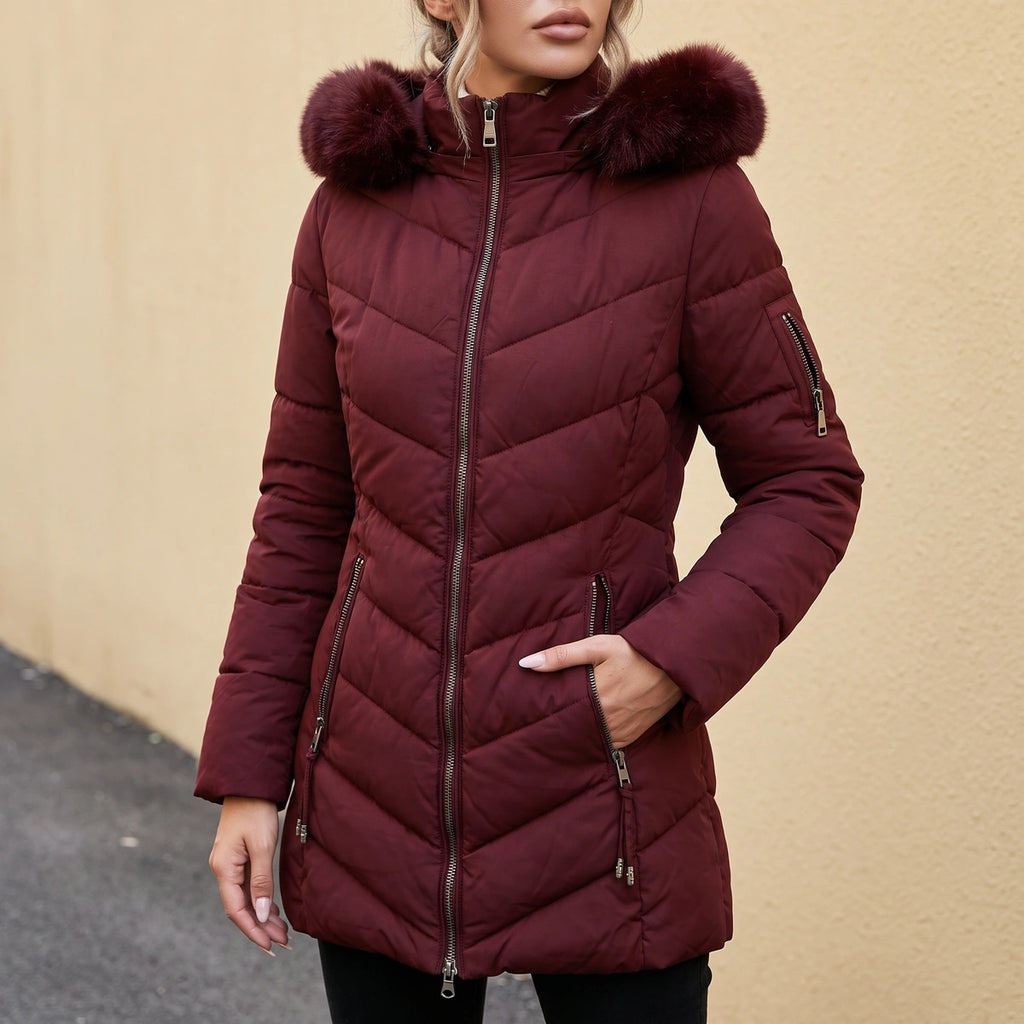 Cara Quilted Faux Fur Hood Puffer Coat - Wine Red