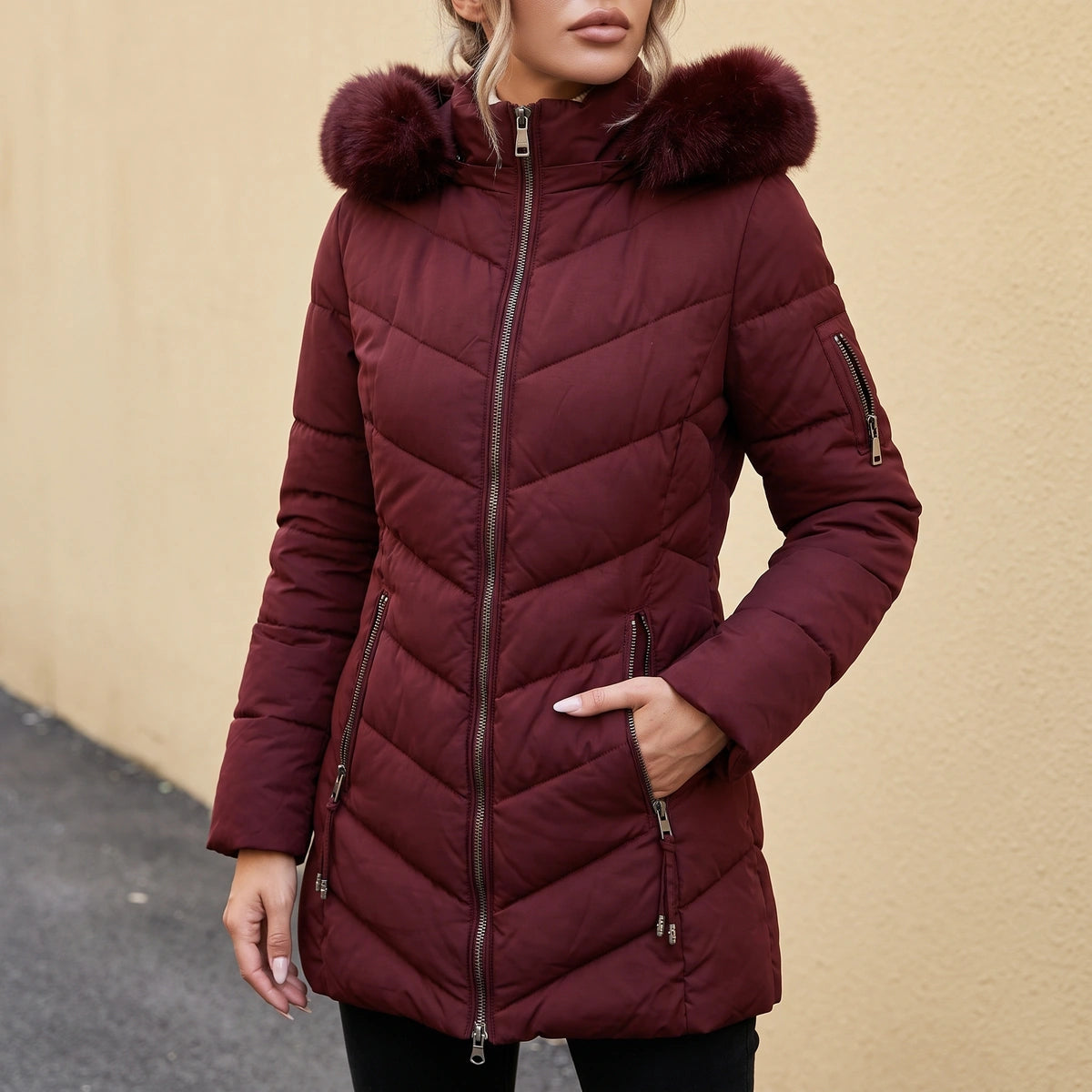 Cara Quilted Faux Fur Hood Puffer Coat - Wine Red