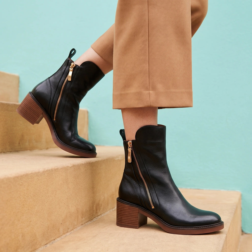 Carla Leather Front Zip Stacked Heel Booties - Black
