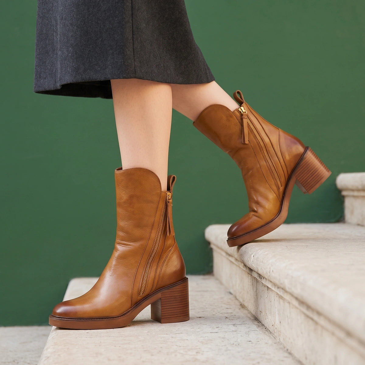 Carla Leather Front Zip Stacked Heel Booties - Brown