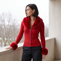 Chloe Faux Fur Collar Zip Cardigan - Red