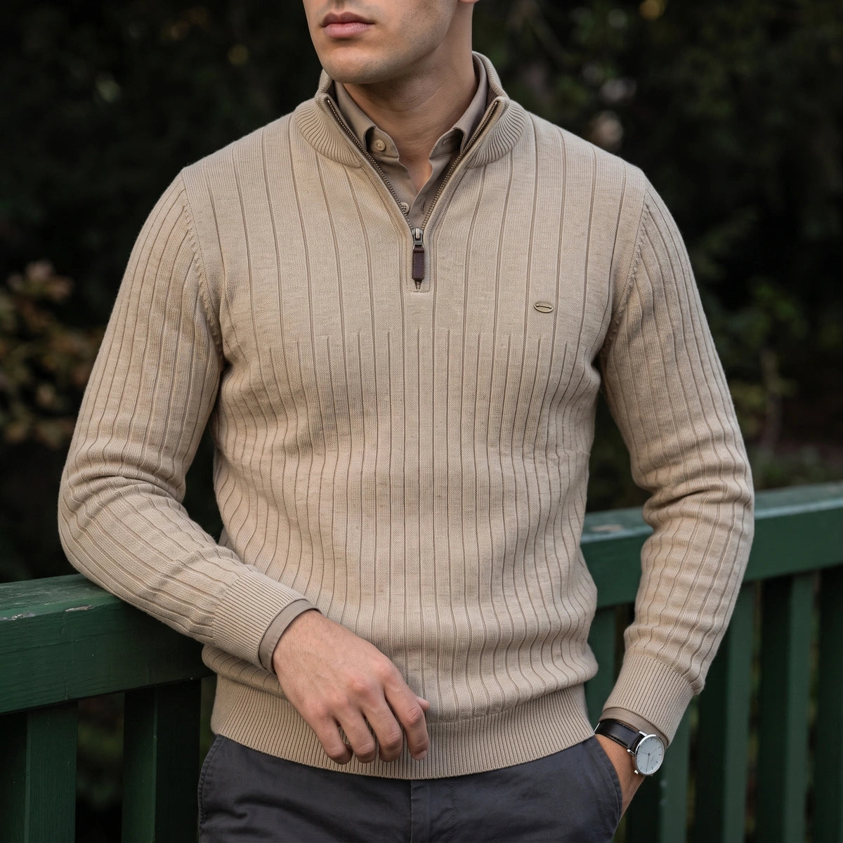 Colin Fine Ribbed Quarter Zip Pullover - Beige