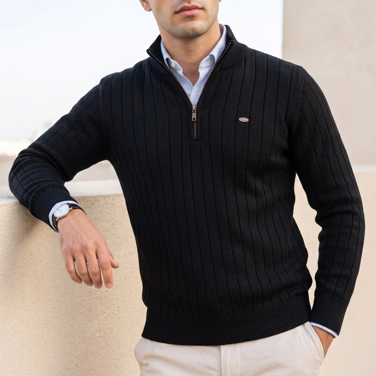 Colin Fine Ribbed Quarter Zip Pullover - Black