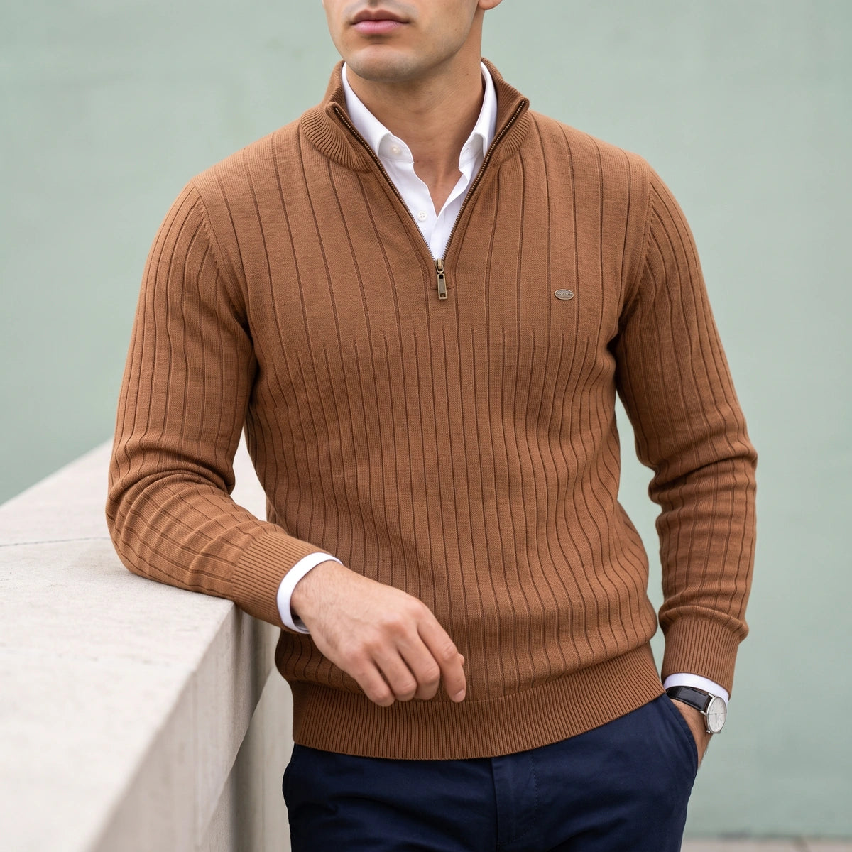 Colin Fine Ribbed Quarter Zip Pullover - Brown