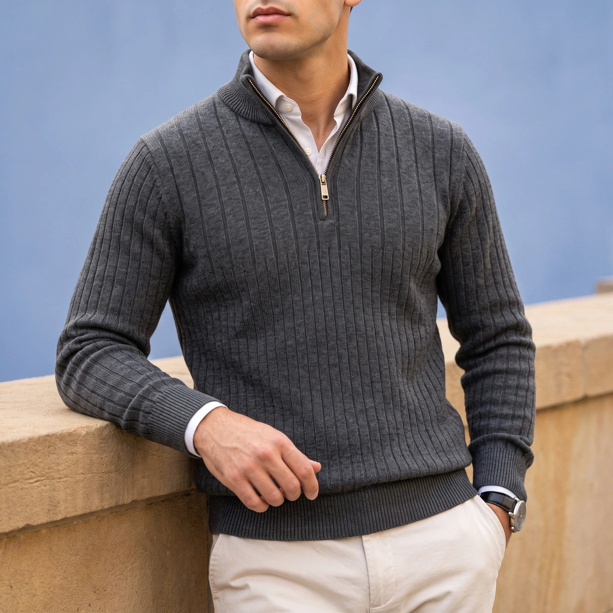 Colin Fine Ribbed Quarter Zip Pullover - Gray