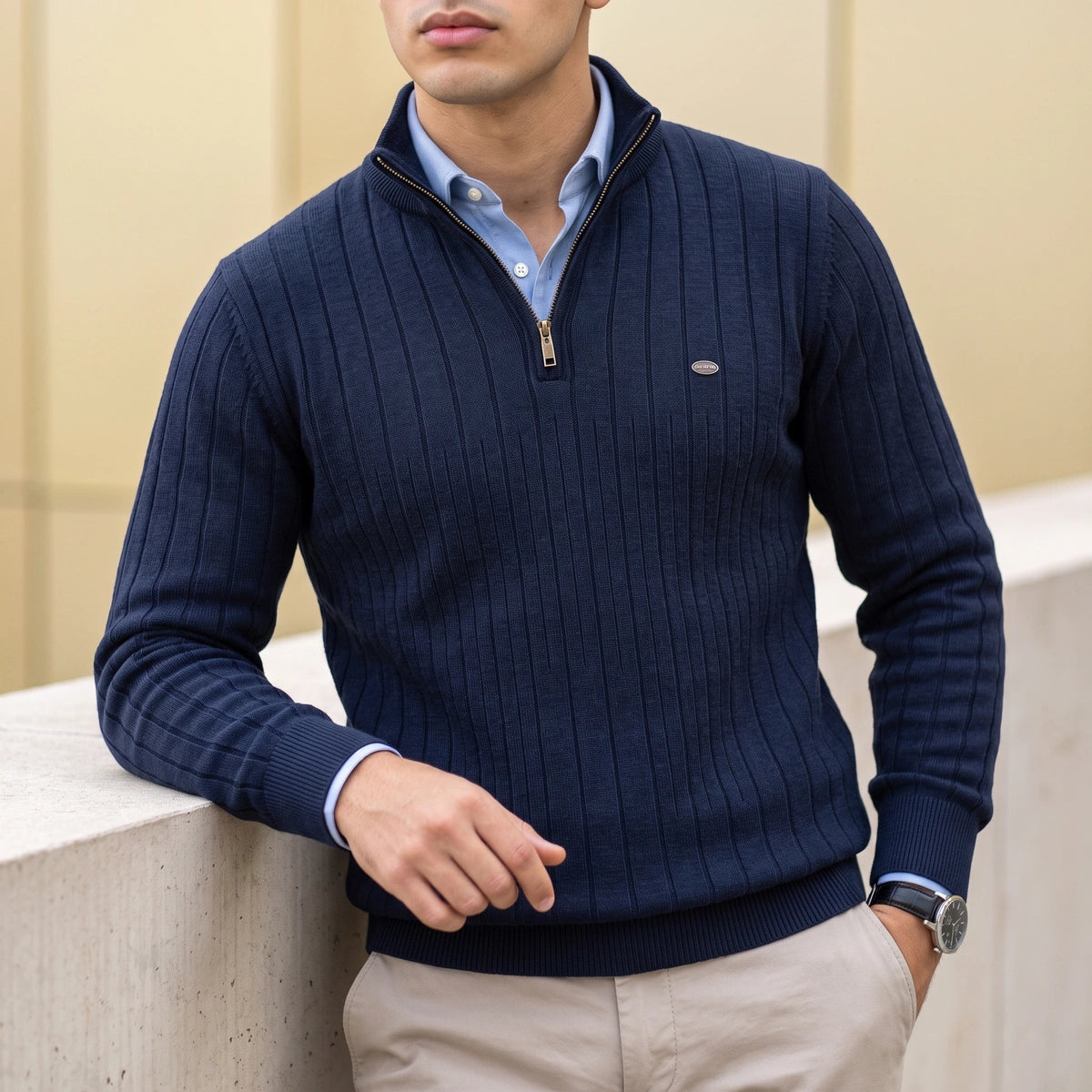 Colin Fine Ribbed Quarter Zip Pullover - Navy Blue