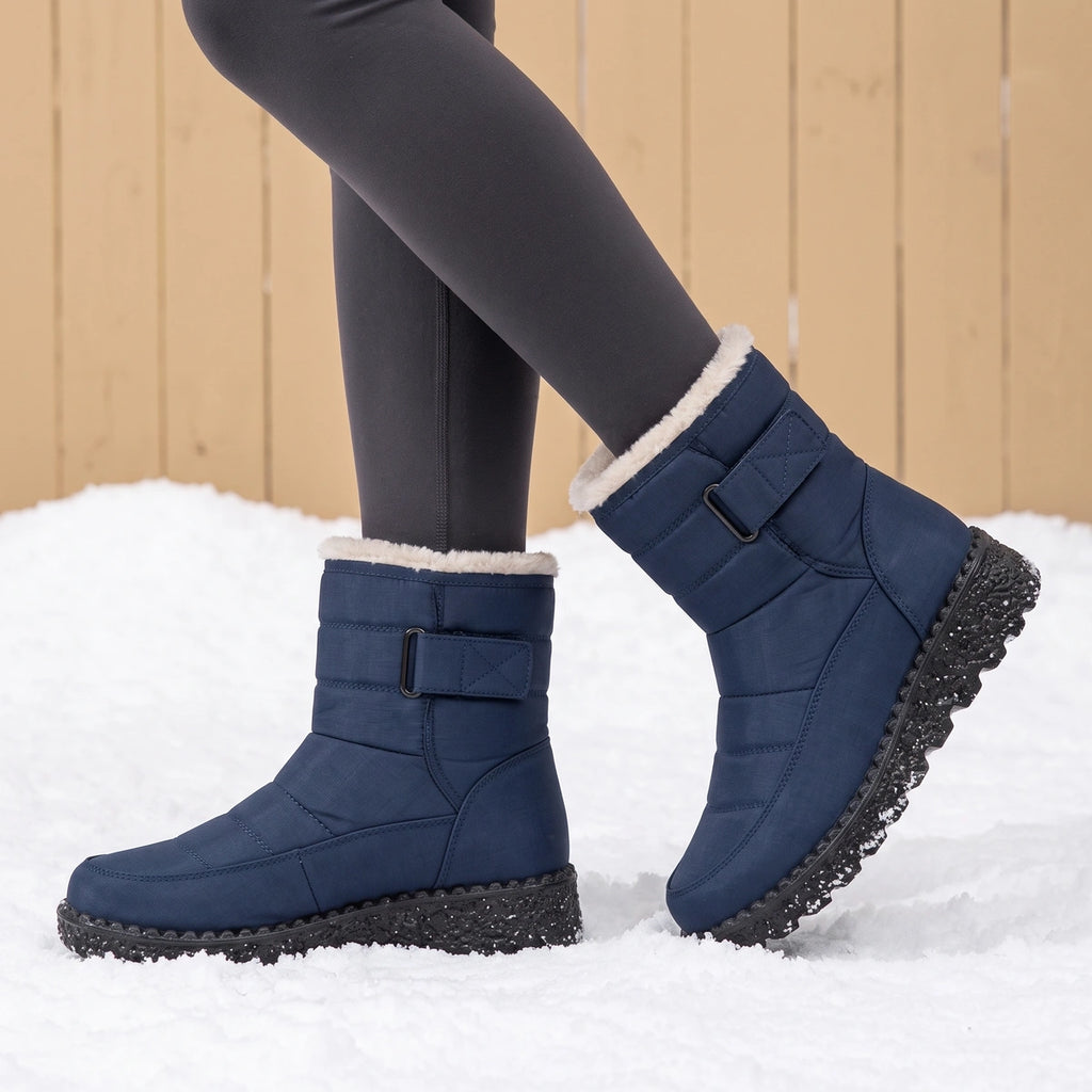 Connie Quilted Fur Collar Wedge Snow Boots - Blue