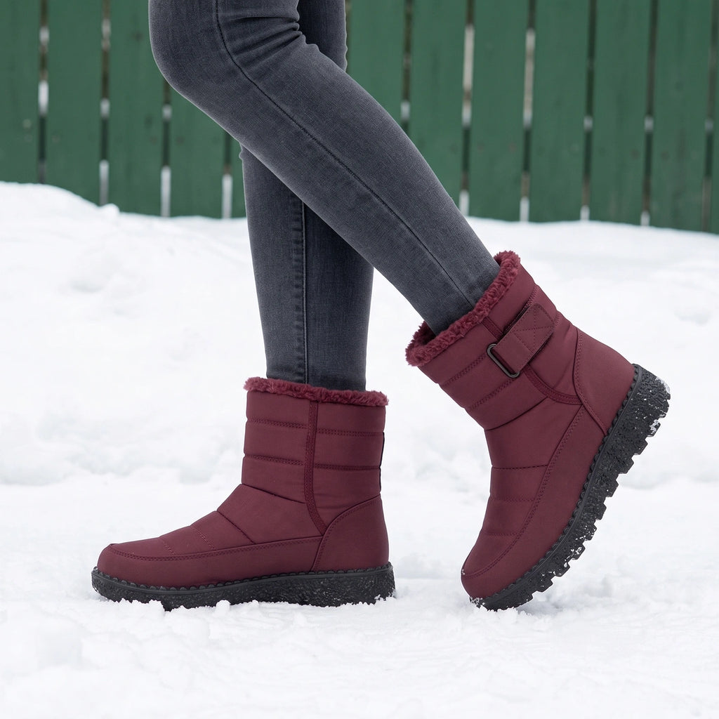 Connie Quilted Fur Collar Wedge Snow Boots - Red