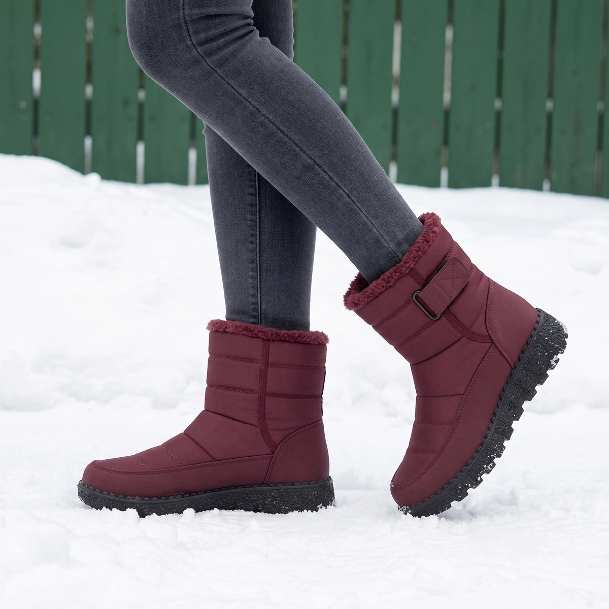 Connie Quilted Fur Collar Wedge Snow Boots - Red