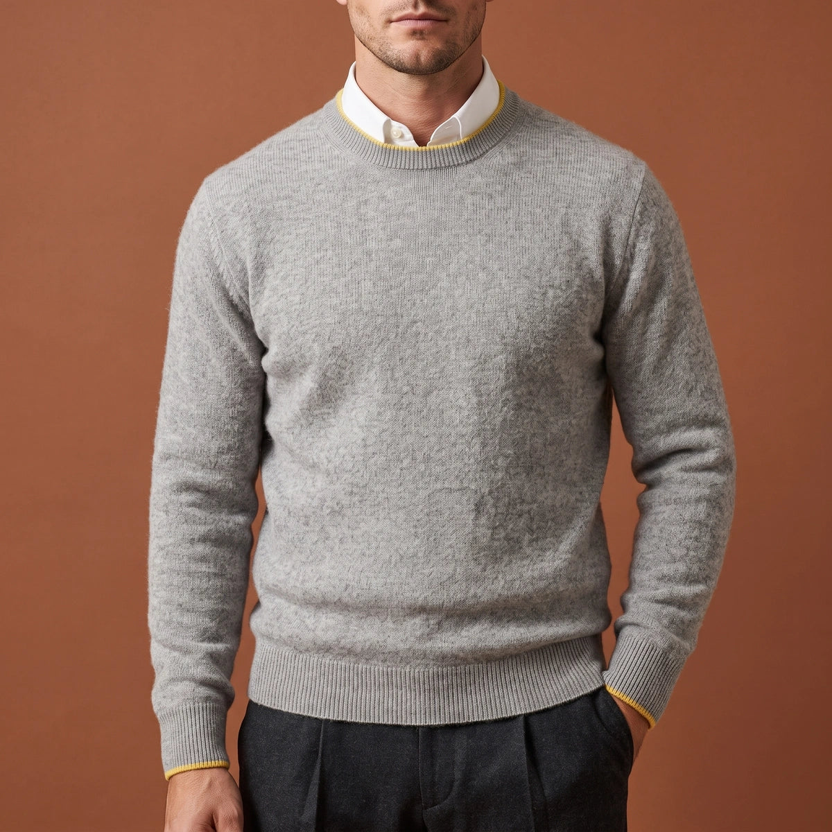 Curtis Cashmere Contrast Tipped Crew Neck Sweater - Light Gray