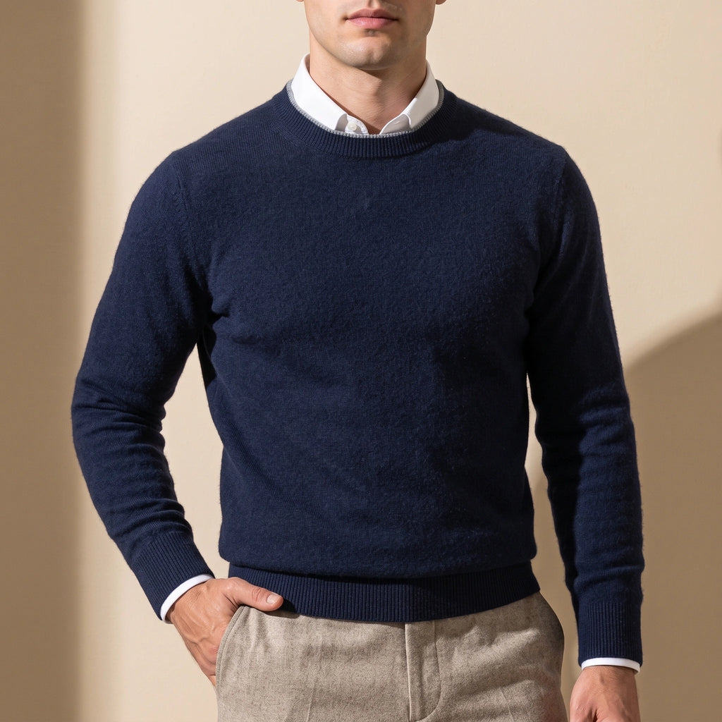 Curtis Cashmere Contrast Tipped Crew Neck Sweater - Navy Blue