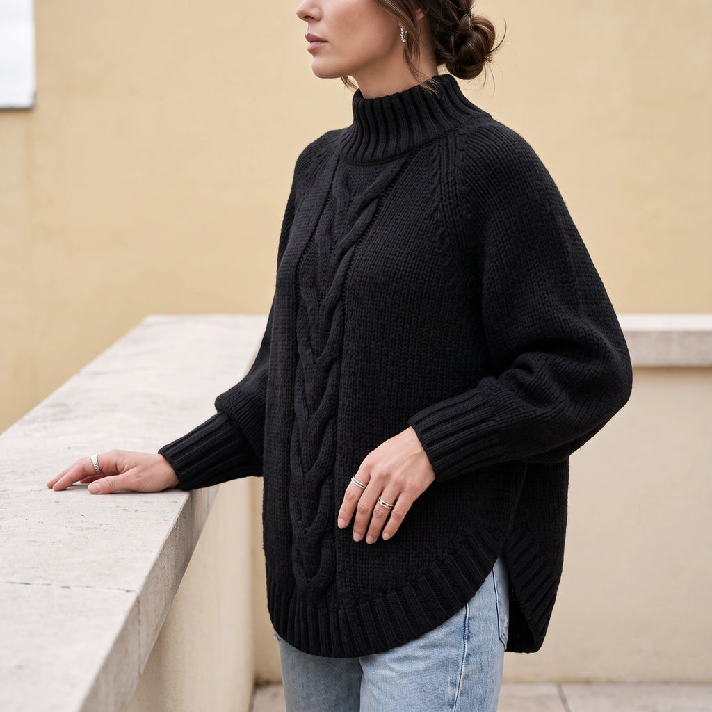 Cynthia Chunky Cable Wool Blend Sweater - Black