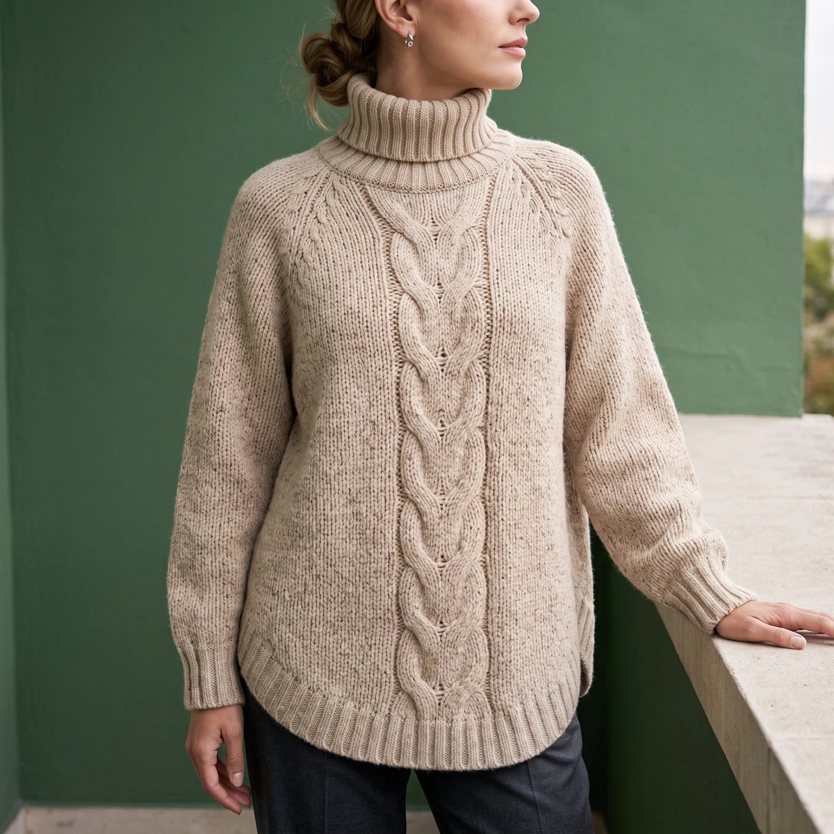 Cynthia Chunky Cable Wool Blend Sweater - Khaki