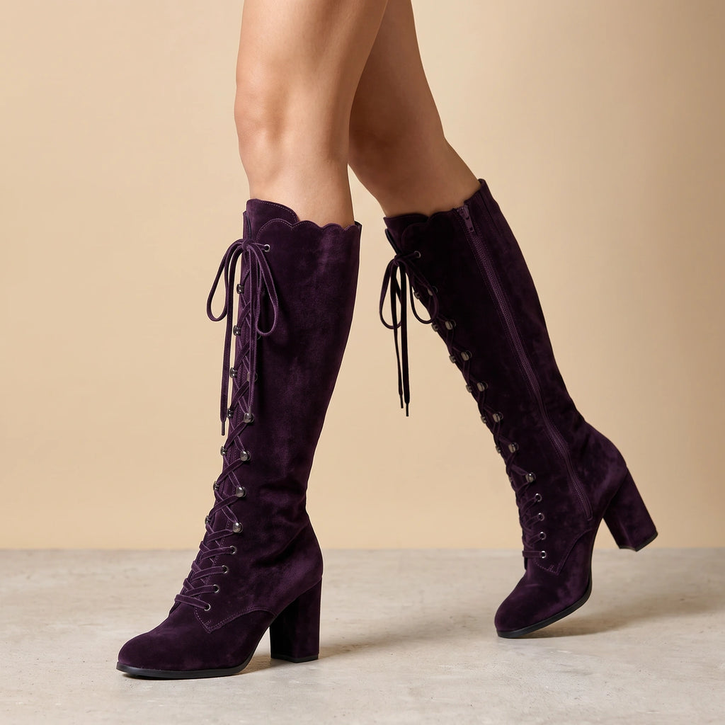 Daisy Suede Full Lace Knee Boots - Purple