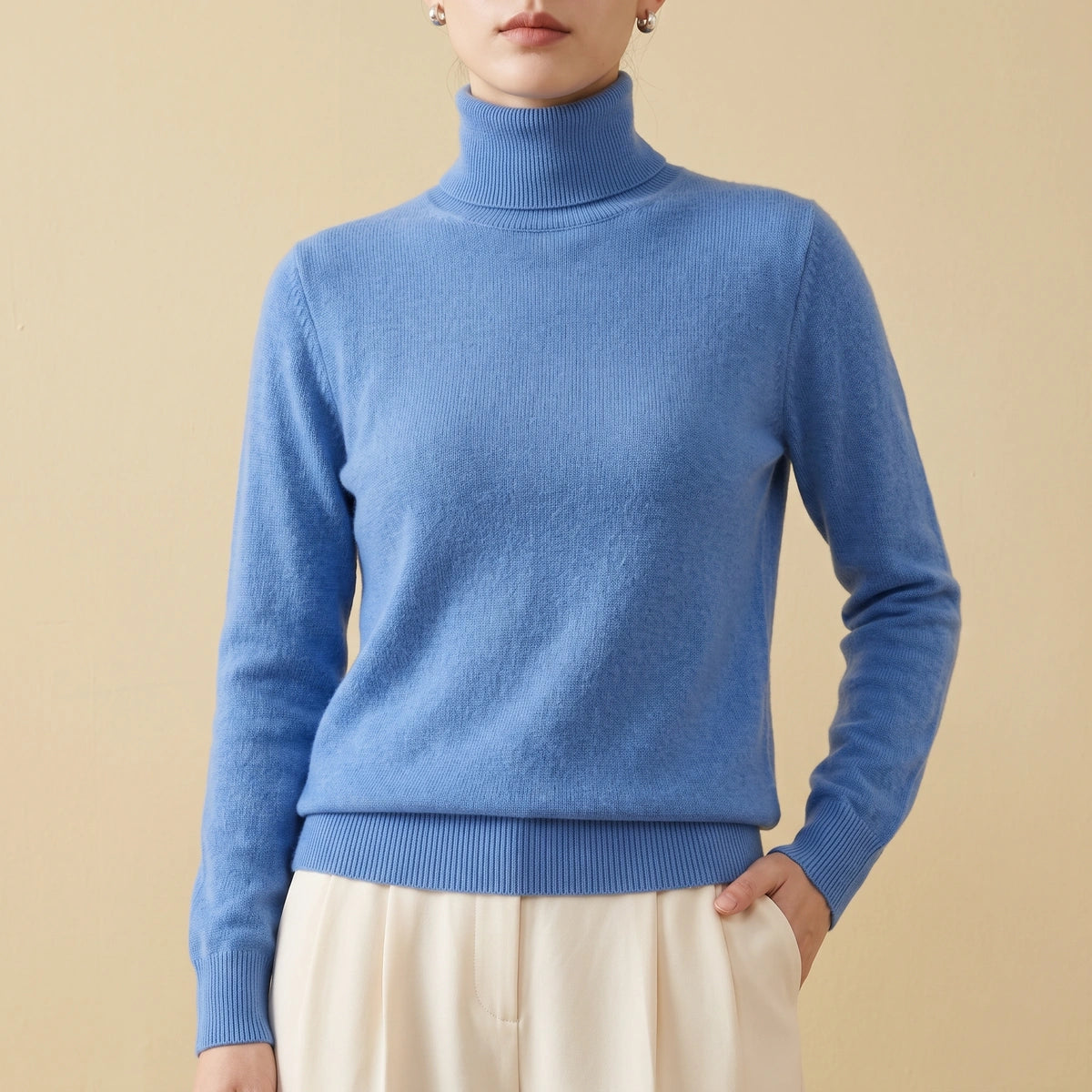 Dana Fitted Cashmere Fold Over Turtleneck - Blue