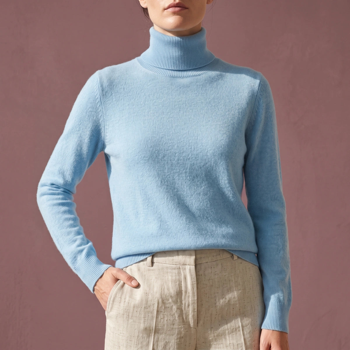 Dana Fitted Cashmere Fold Over Turtleneck - Light Blue