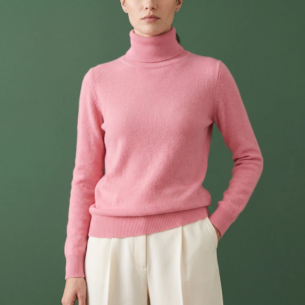 Dana Fitted Cashmere Fold Over Turtleneck - Pink