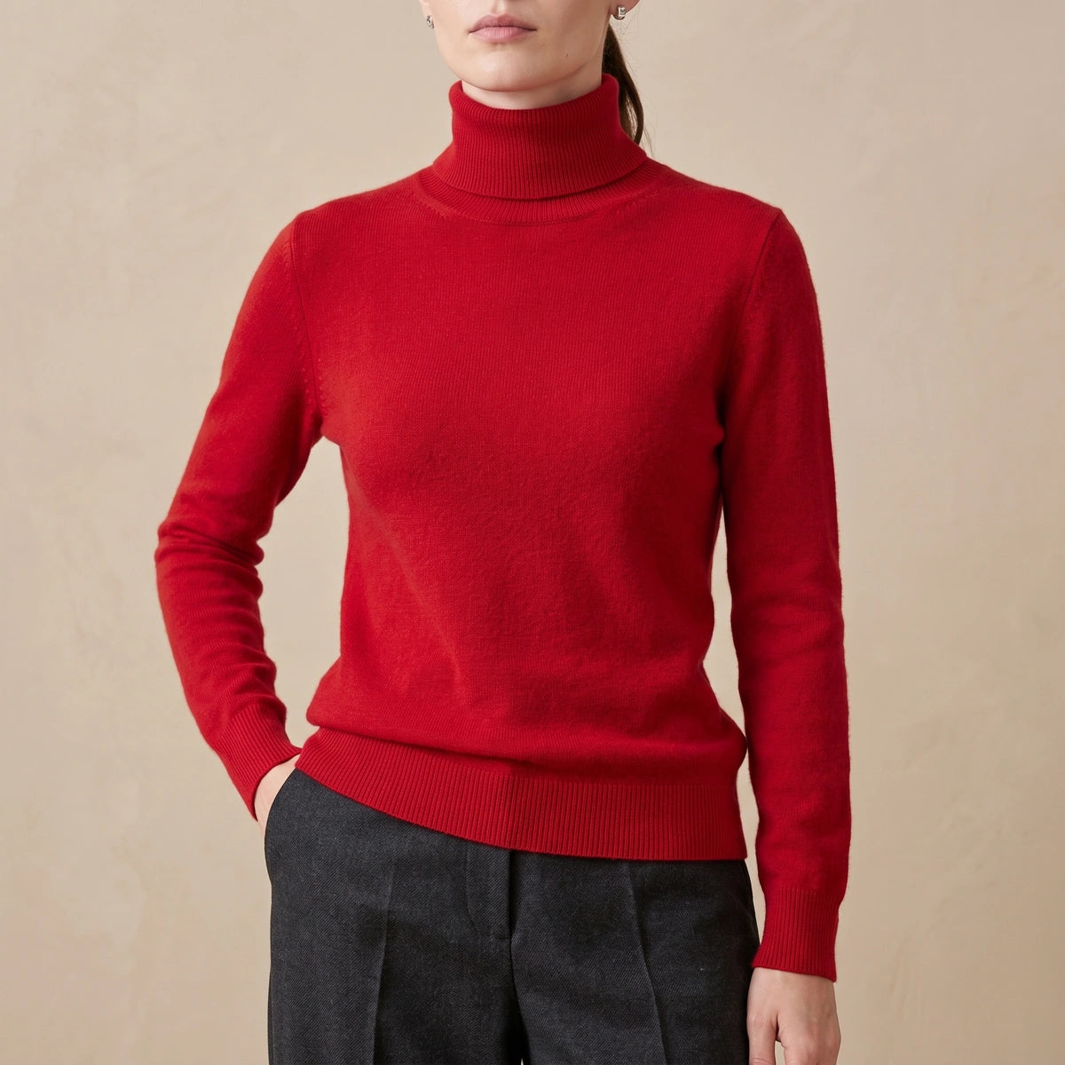 Dana Fitted Cashmere Fold Over Turtleneck - Red