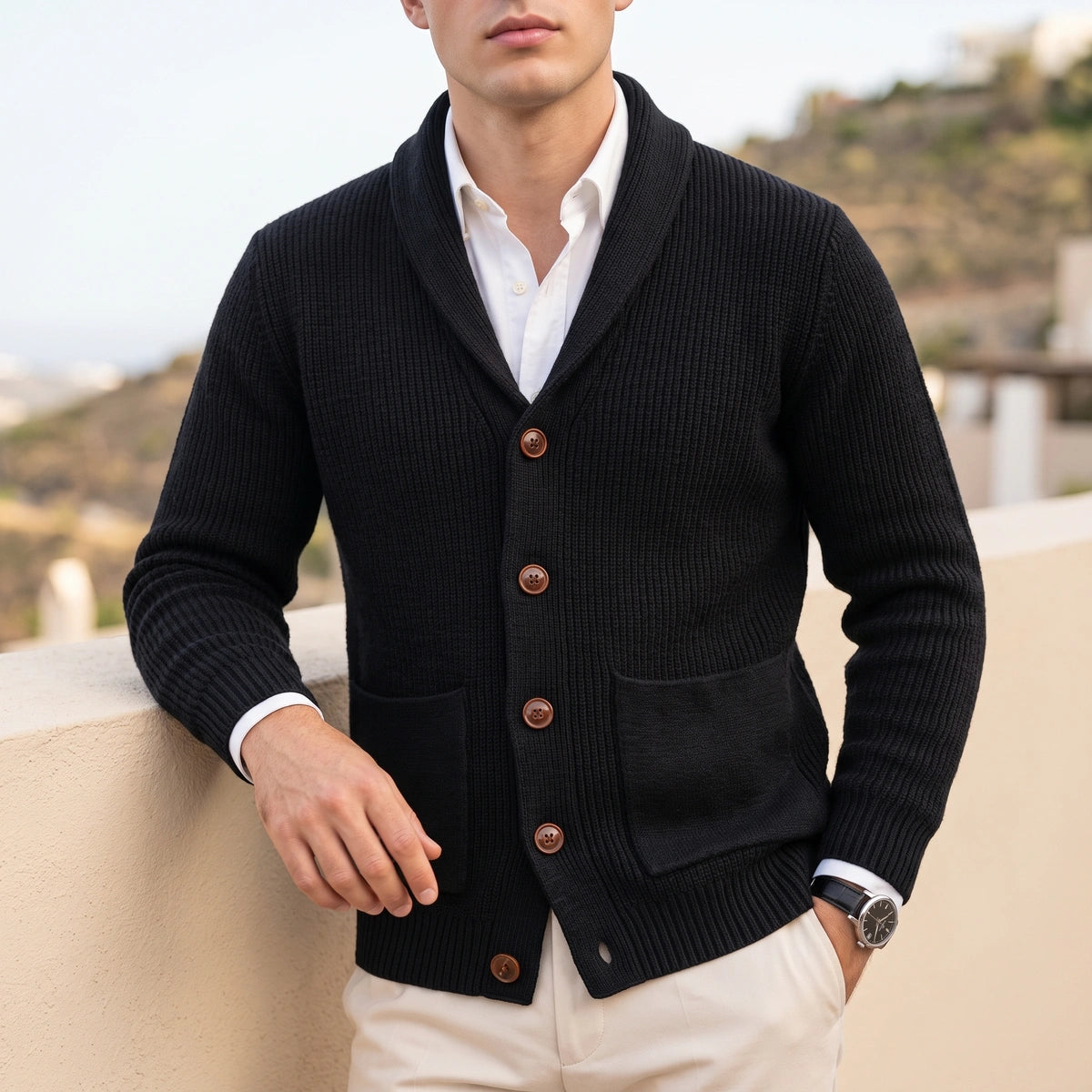 Daniel Shawl Collar Waffle Cardigan - Black