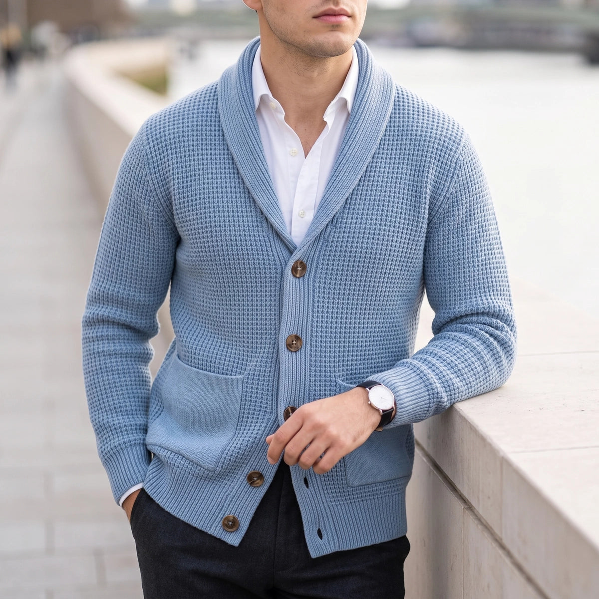 Daniel Shawl Collar Waffle Cardigan - Blue