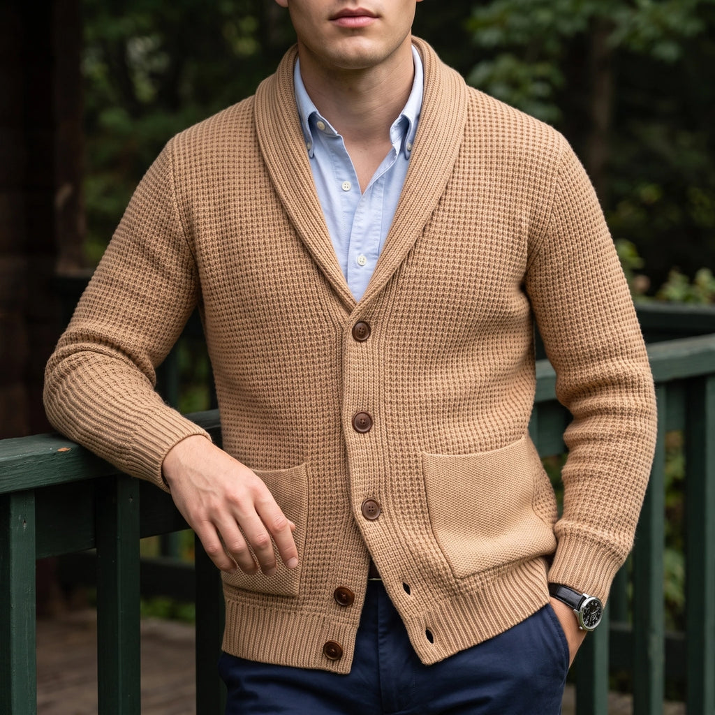 Daniel Shawl Collar Waffle Cardigan - Brown