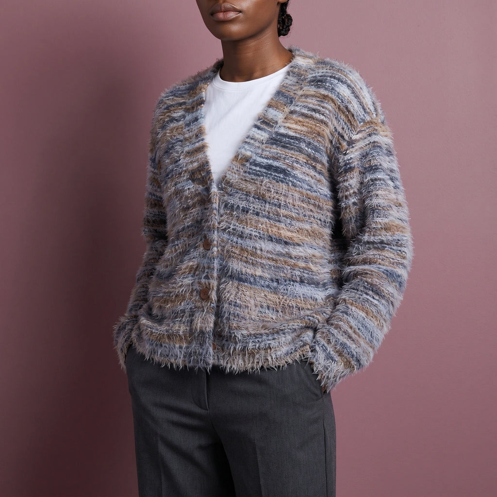Dora Fuzzy Striped V Neck Cardigan - Gray