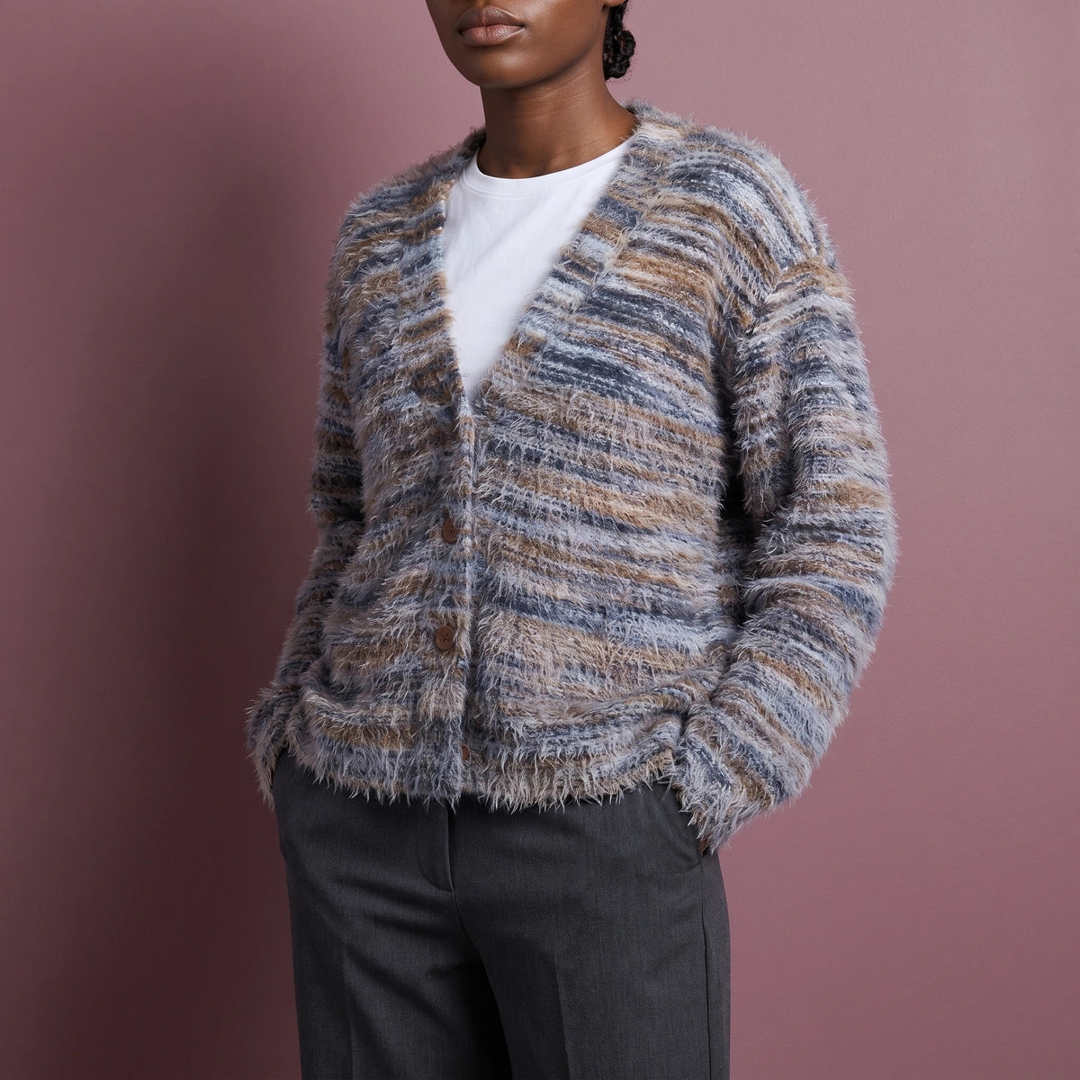 Dora Fuzzy Striped V Neck Cardigan - Gray
