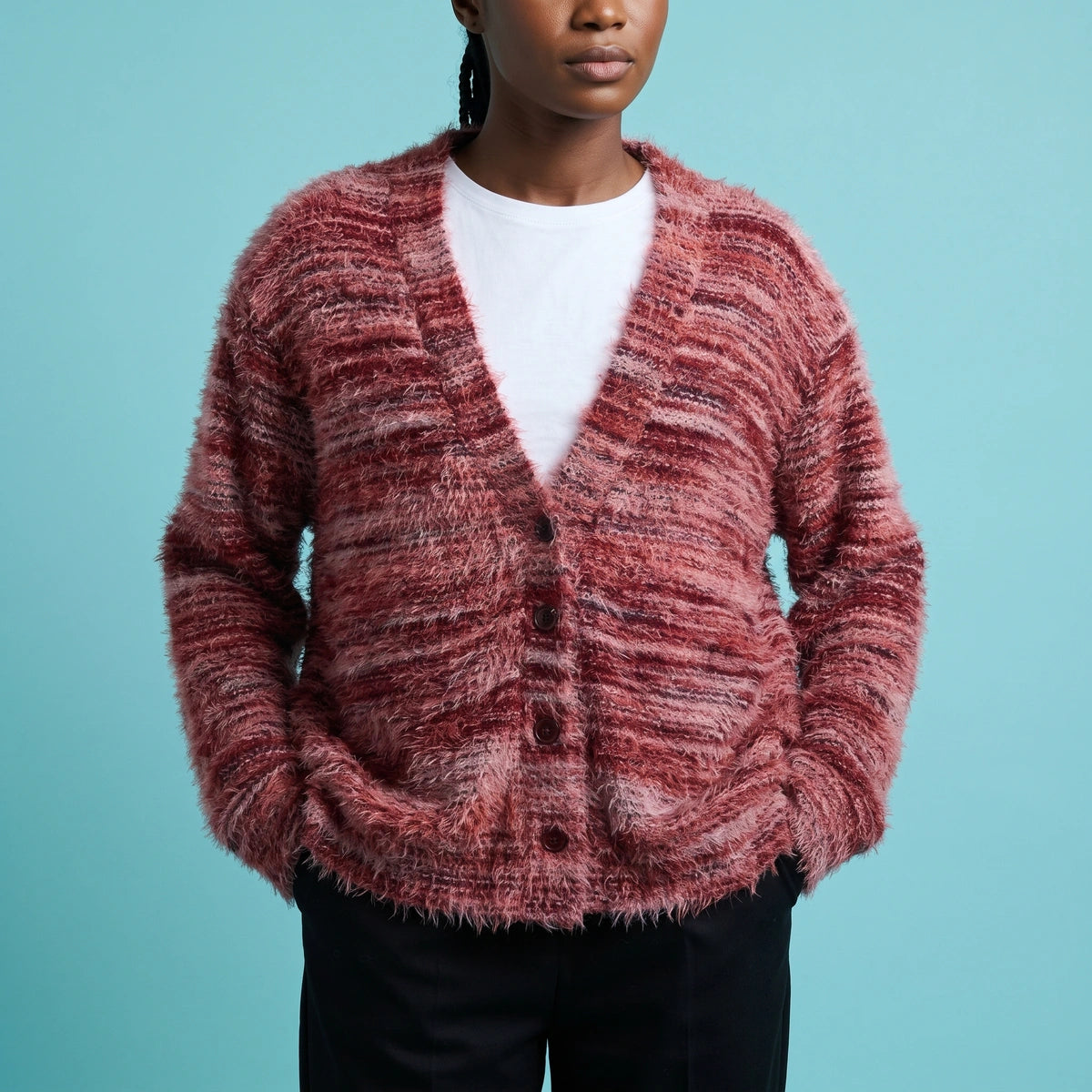 Dora Fuzzy Striped V Neck Cardigan - Red
